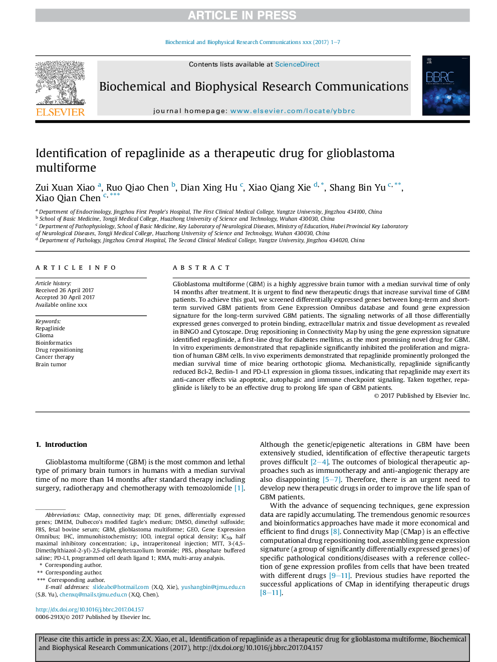 Identification of repaglinide as a therapeutic drug for glioblastoma multiforme