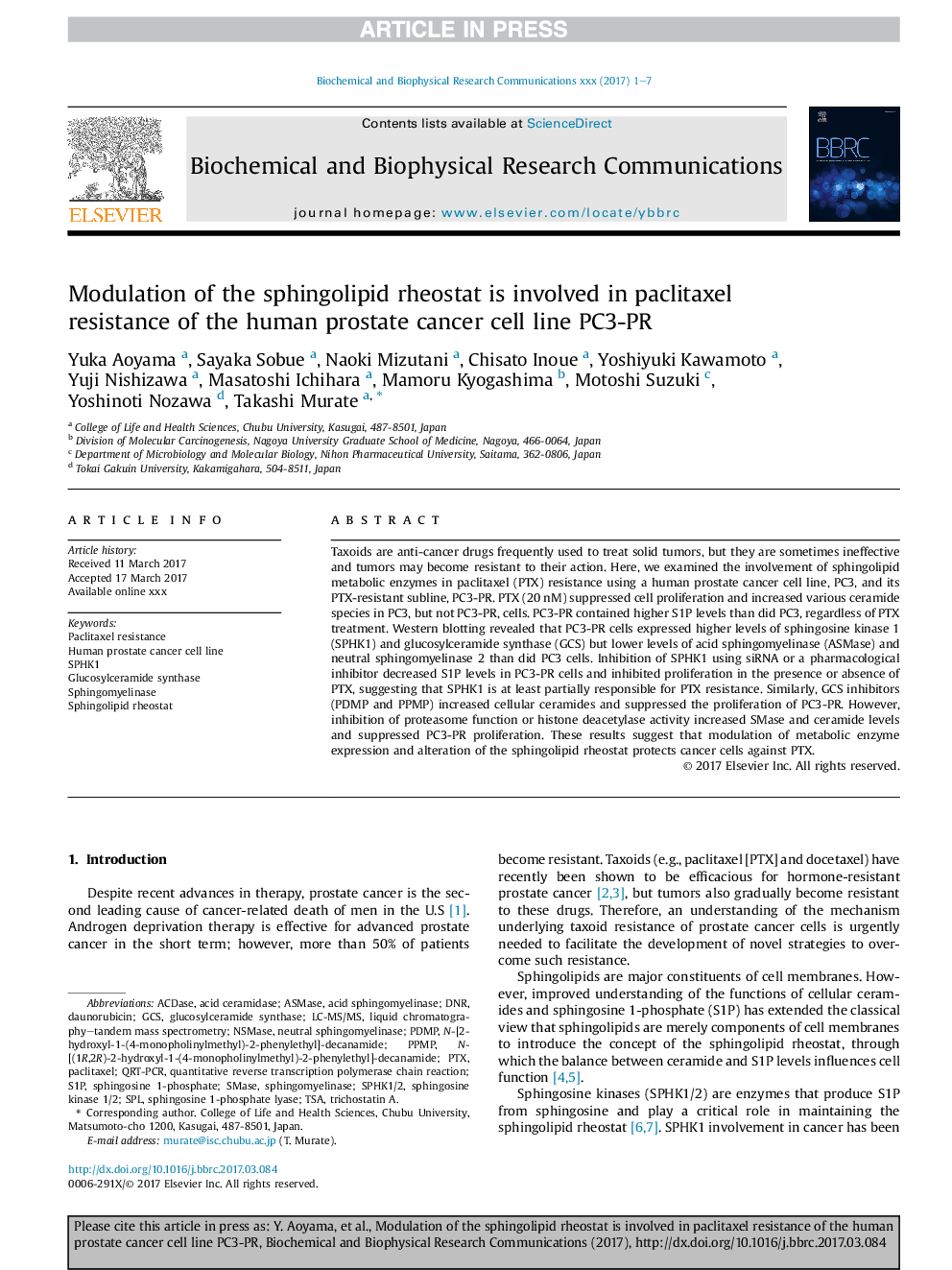 Modulation of the sphingolipid rheostat is involved in paclitaxel resistance of the human prostate cancer cell line PC3-PR