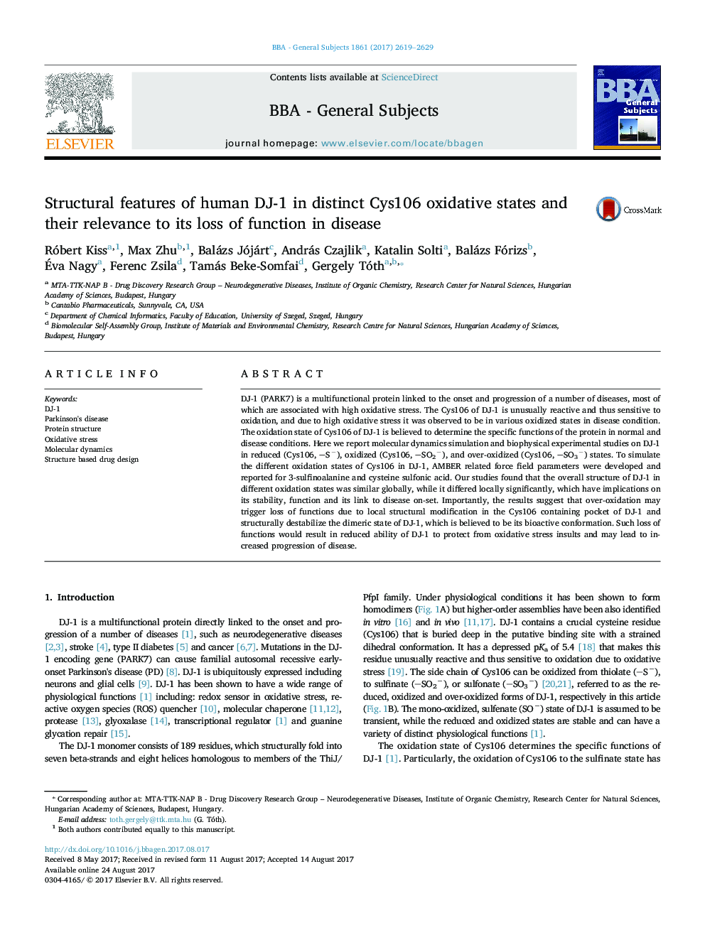 Structural features of human DJ-1 in distinct Cys106 oxidative states and their relevance to its loss of function in disease