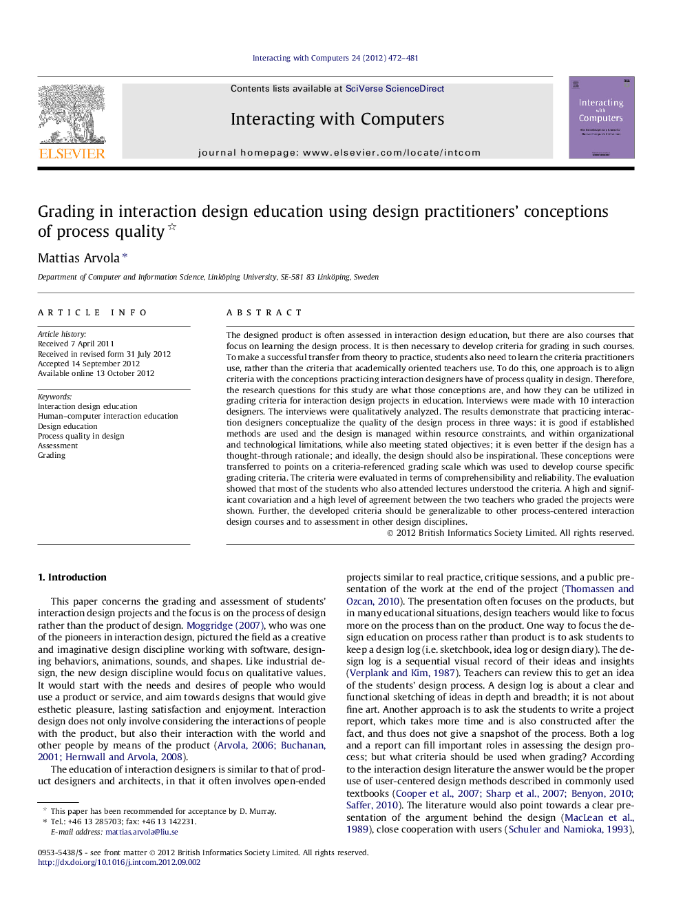 Grading in interaction design education using design practitioners' conceptions of process quality