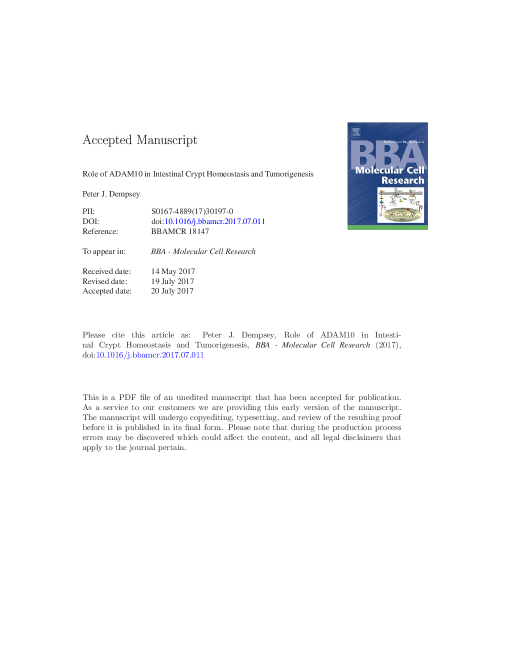 Role of ADAM10 in intestinal crypt homeostasis and tumorigenesis