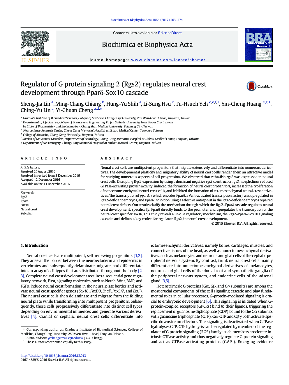 Regulator of G protein signaling 2 (Rgs2) regulates neural crest development through PparÎ´-Sox10 cascade