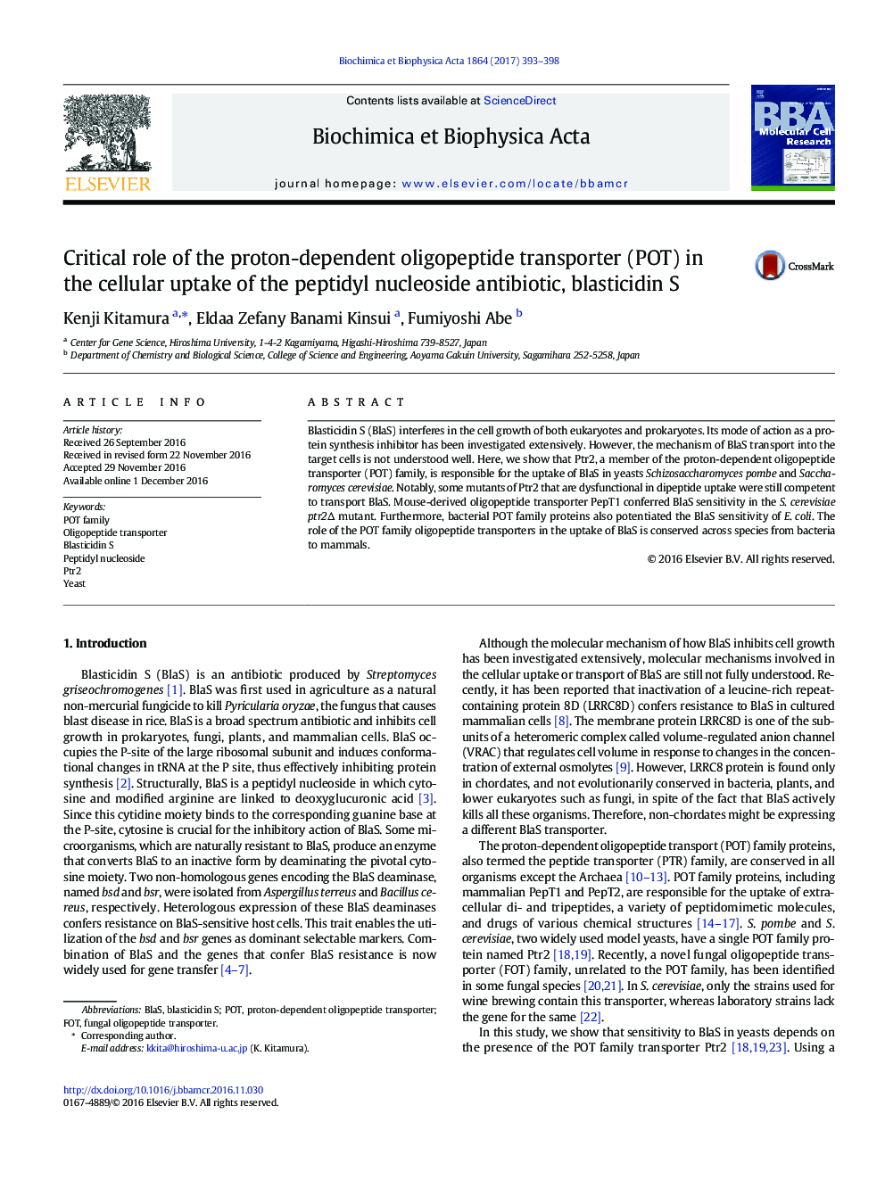 Critical role of the proton-dependent oligopeptide transporter (POT) in the cellular uptake of the peptidyl nucleoside antibiotic, blasticidin S