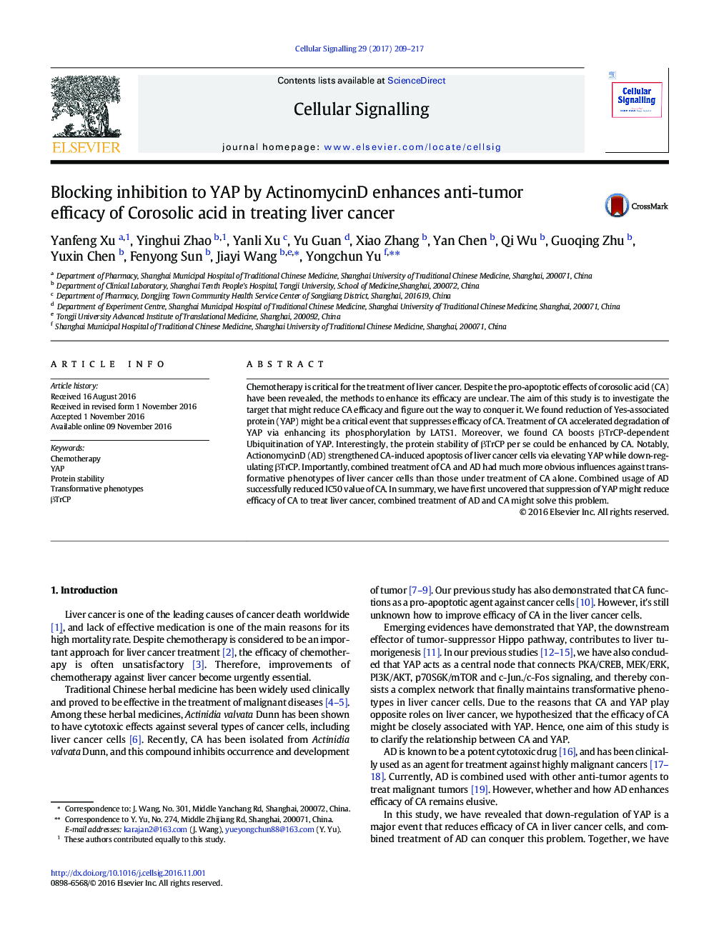 Blocking inhibition to YAP by ActinomycinD enhances anti-tumor efficacy of Corosolic acid in treating liver cancer