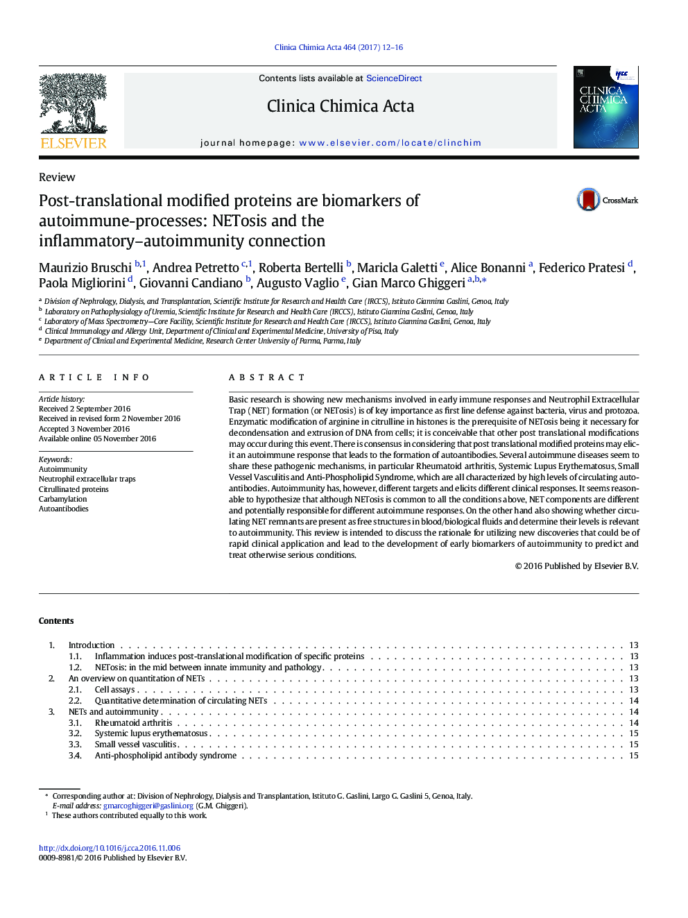 Post-translational modified proteins are biomarkers of autoimmune-processes: NETosis and the inflammatory-autoimmunity connection