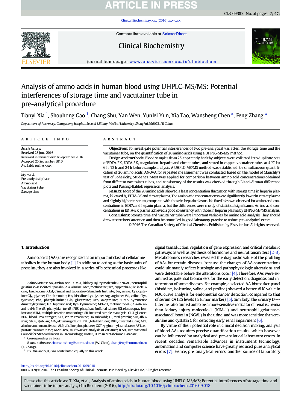 Analysis of amino acids in human blood using UHPLC-MS/MS: Potential interferences of storage time and vacutainer tube in pre-analytical procedure
