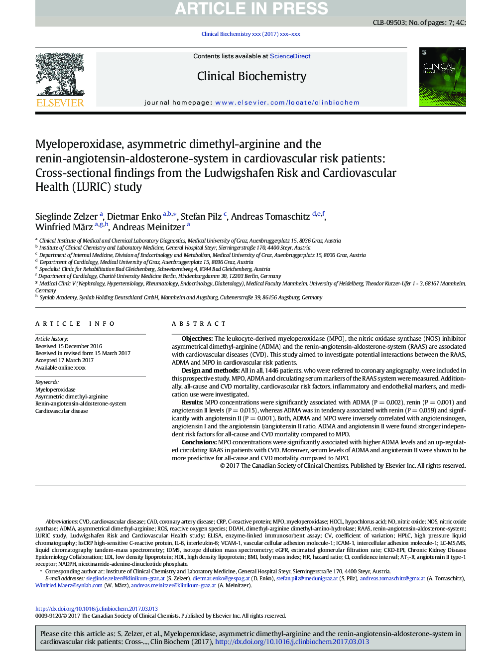 Myeloperoxidase, asymmetric dimethyl-arginine and the renin-angiotensin-aldosterone-system in cardiovascular risk patients: Cross-sectional findings from the Ludwigshafen Risk and Cardiovascular Health (LURIC) study