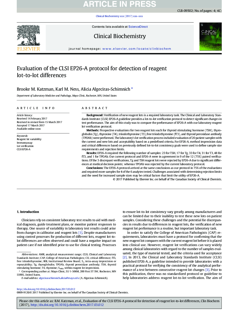 Evaluation of the CLSI EP26-A protocol for detection of reagent lot-to-lot differences