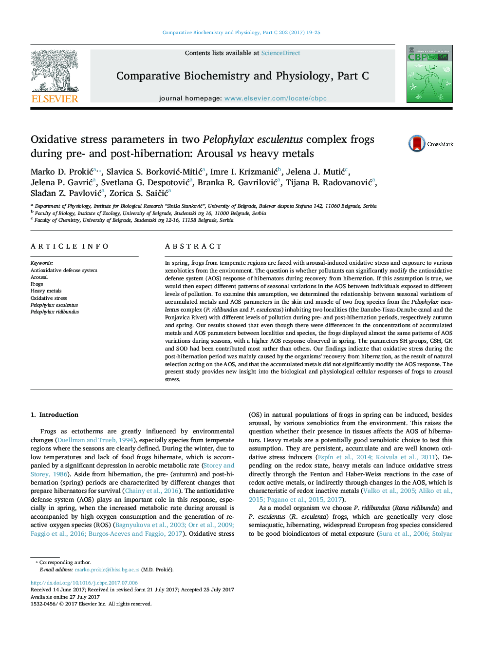 پارامترهای استرس اکسیداتیو در دو قورباغه مجتمع پلاوفیلا اسکلنتیوس در طی پیش و پس از خواب زمستانی: تحریک در برابر فلزات سنگین 
