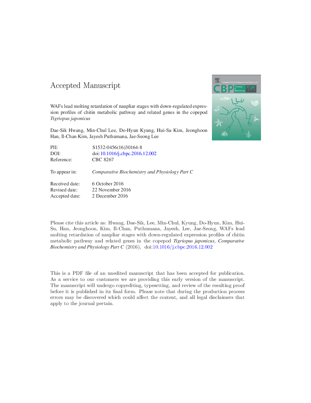 WAFs lead molting retardation of naupliar stages with down-regulated expression profiles of chitin metabolic pathway and related genes in the copepod Tigriopus japonicus