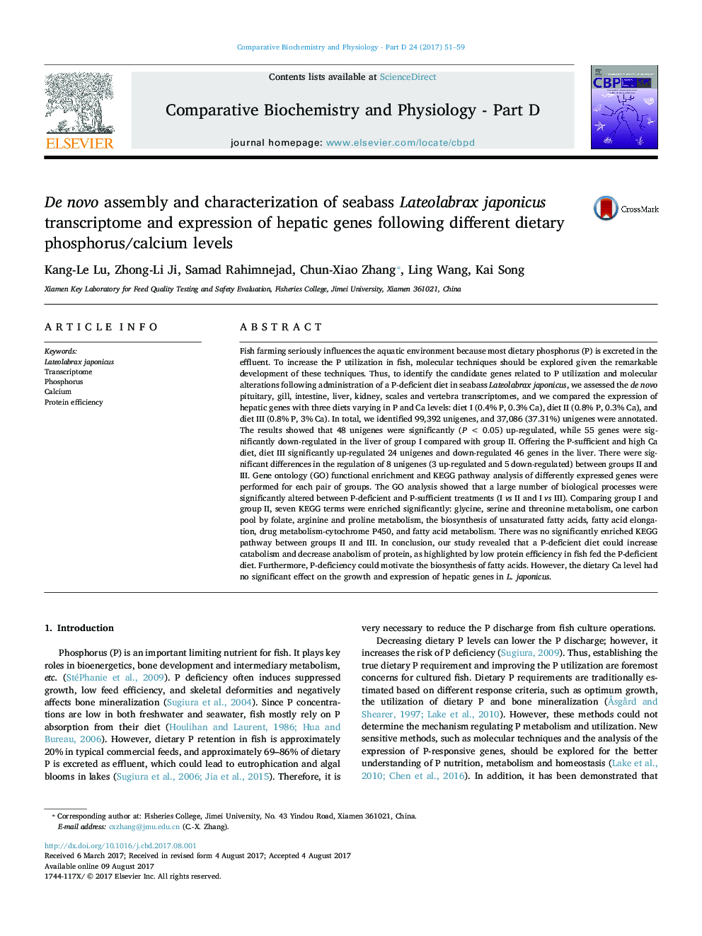 De novo assembly and characterization of seabass Lateolabrax japonicus transcriptome and expression of hepatic genes following different dietary phosphorus/calcium levels