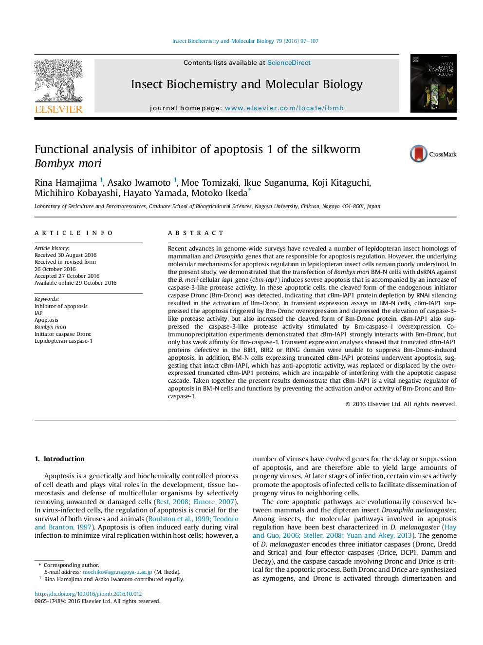 Functional analysis of inhibitor of apoptosis 1 of the silkworm BombyxÂ mori