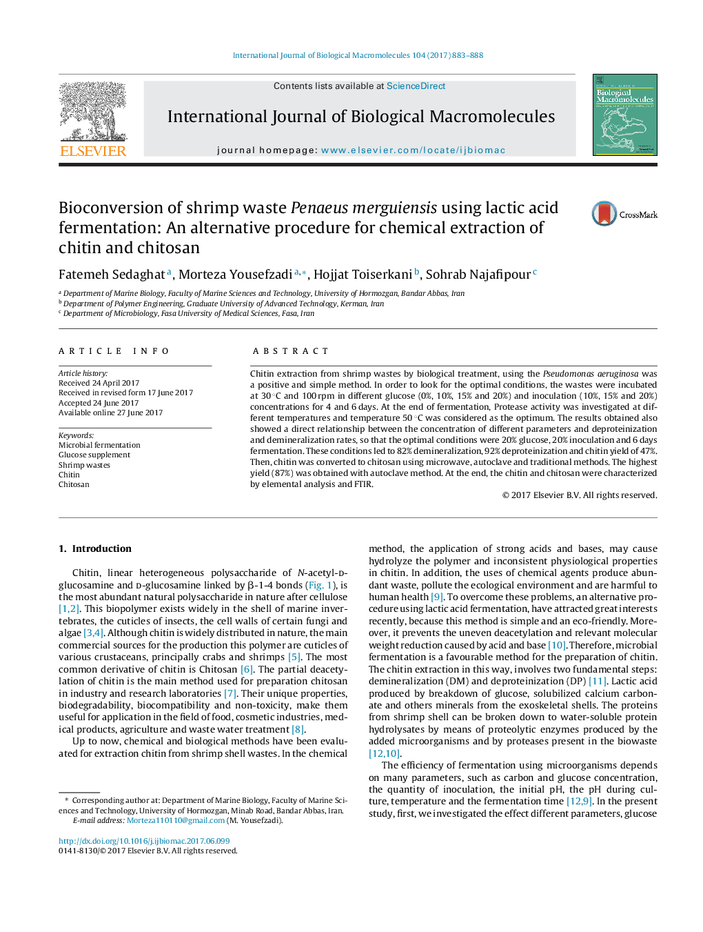 Bioconversion of shrimp waste Penaeus merguiensis using lactic acid fermentation: An alternative procedure for chemical extraction of chitin and chitosan