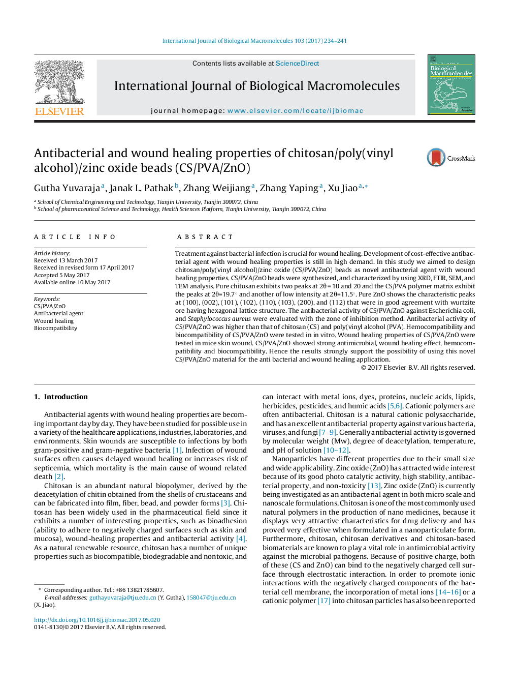 Antibacterial and wound healing properties of chitosan/poly(vinyl alcohol)/zinc oxide beads (CS/PVA/ZnO)