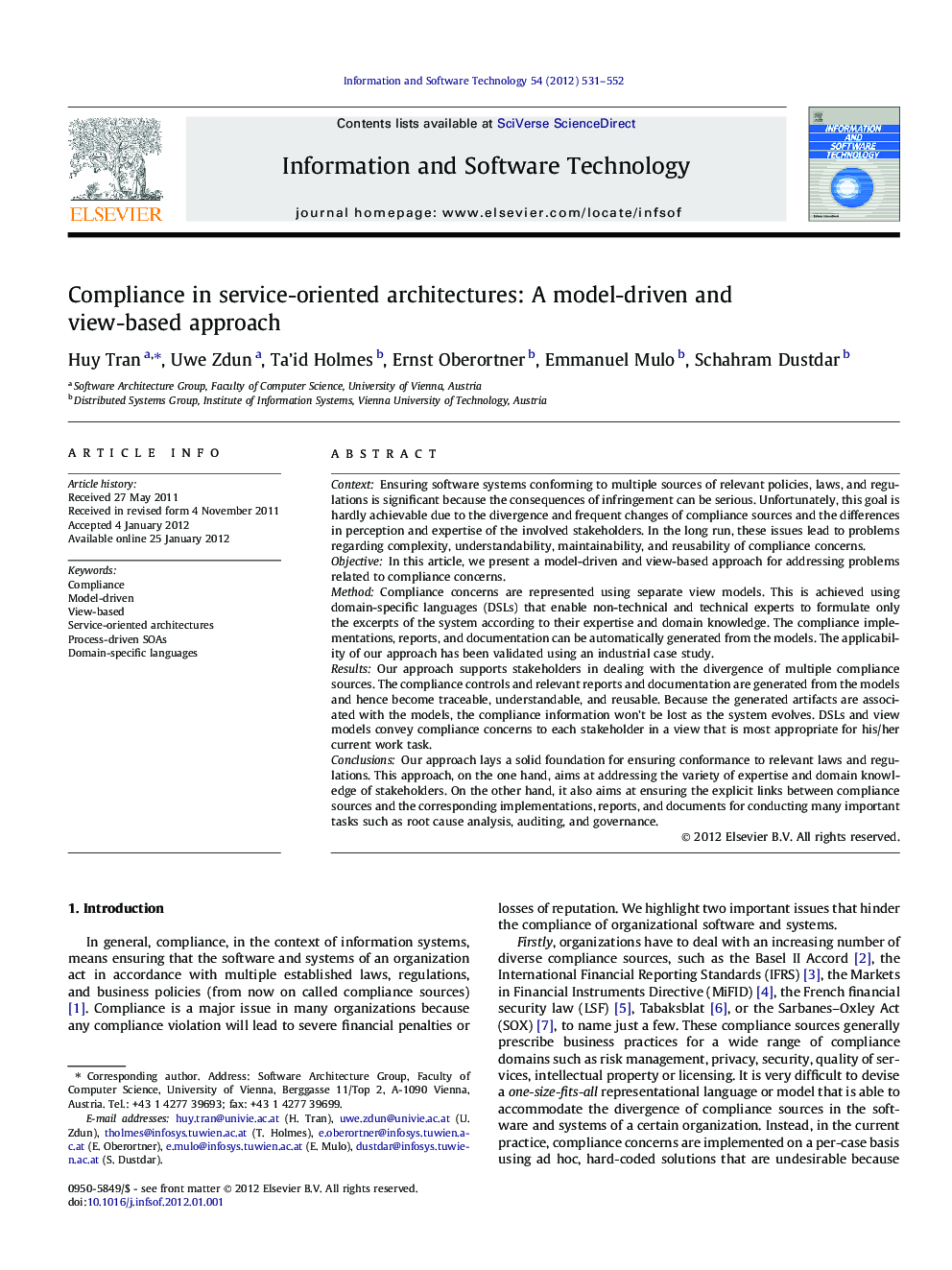Compliance in service-oriented architectures: A model-driven and view-based approach