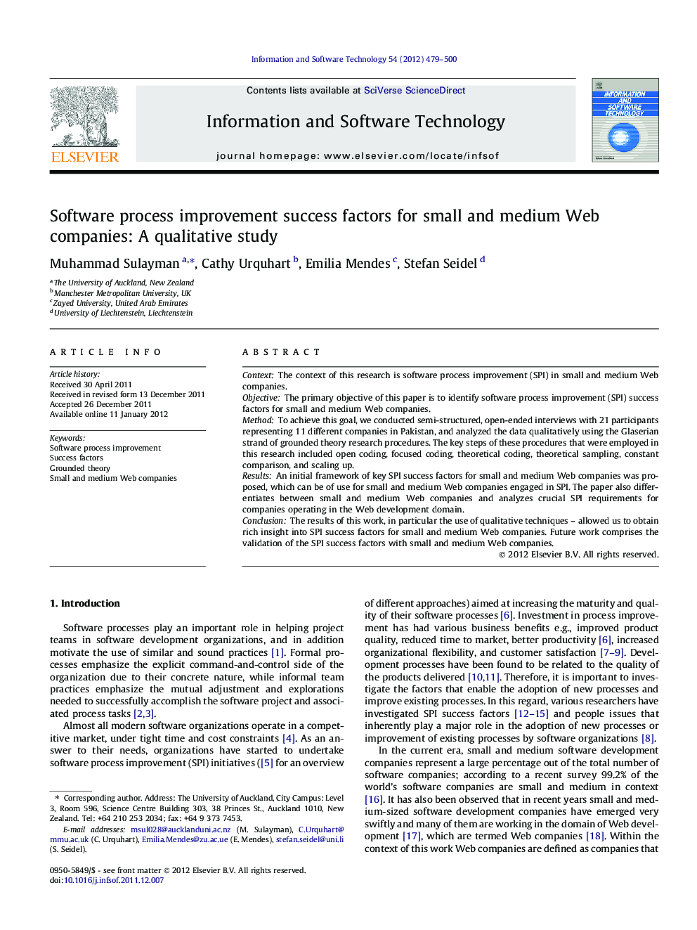 Software process improvement success factors for small and medium Web companies: A qualitative study