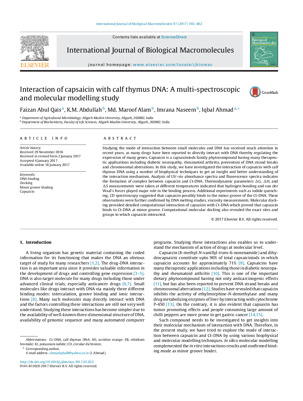 Interaction of capsaicin with calf thymus DNA: A multi-spectroscopic and molecular modelling study