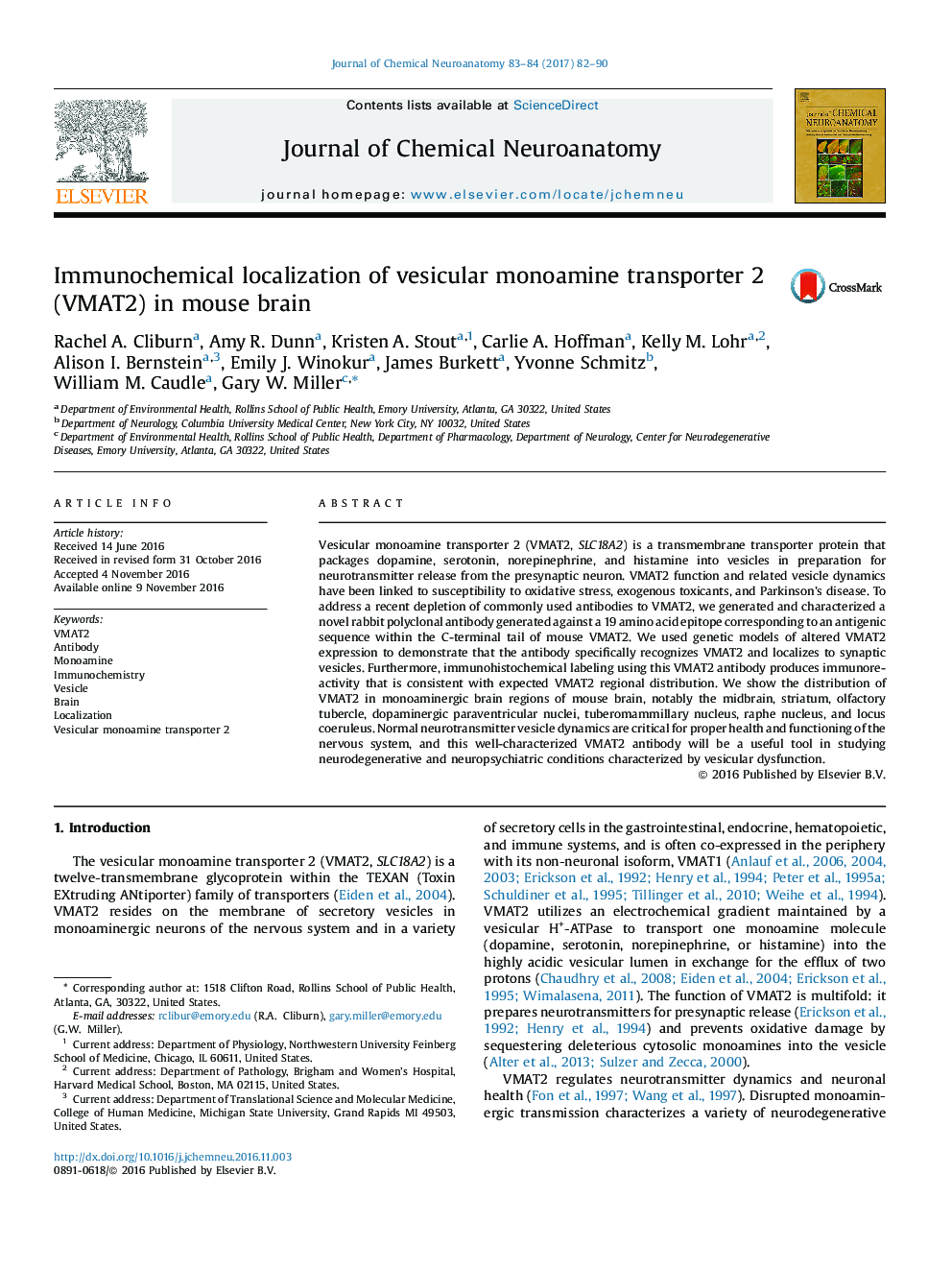 Immunochemical localization of vesicular monoamine transporter 2 (VMAT2) in mouse brain