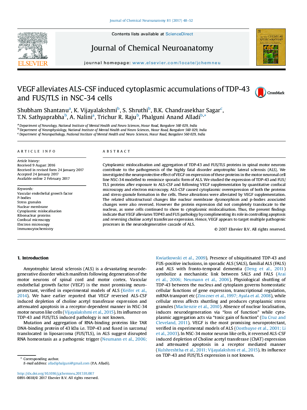 VEGF alleviates ALS-CSF induced cytoplasmic accumulations of TDP-43 and FUS/TLS in NSC-34 cells