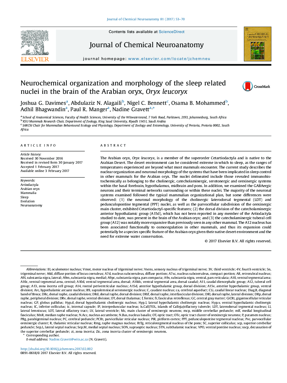 Neurochemical organization and morphology of the sleep related nuclei in the brain of the Arabian oryx, Oryx leucoryx