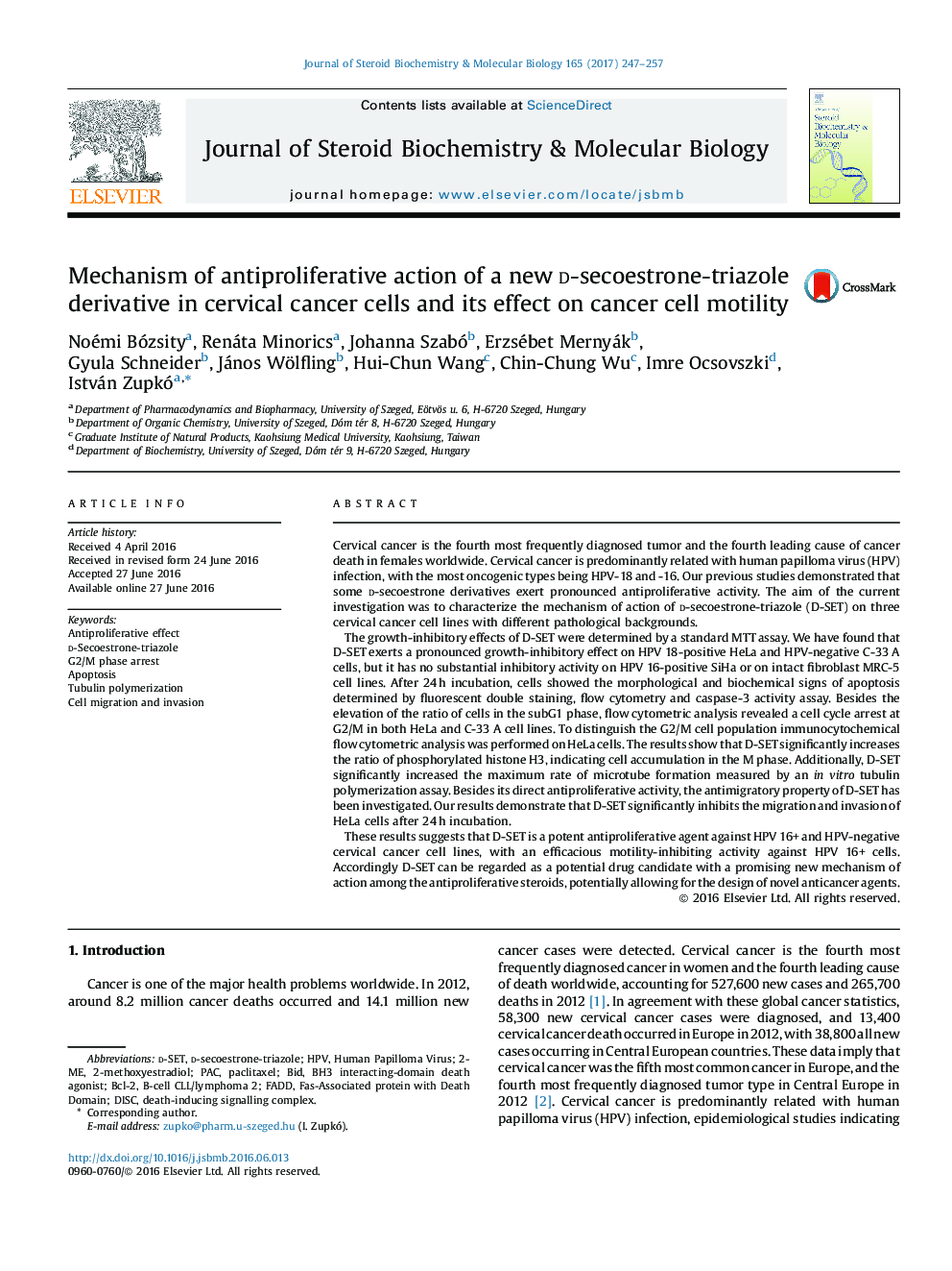 Mechanism of antiproliferative action of a new d-secoestrone-triazole derivative in cervical cancer cells and its effect on cancer cell motility