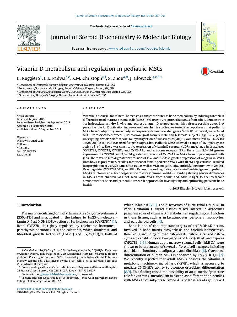 Vitamin D metabolism and regulation in pediatric MSCs