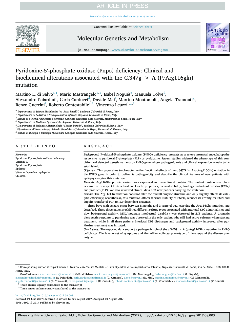 Pyridoxine-5â²-phosphate oxidase (Pnpo) deficiency: Clinical and biochemical alterations associated with the C.347gÂ >Â A (P.Â·Arg116gln) mutation