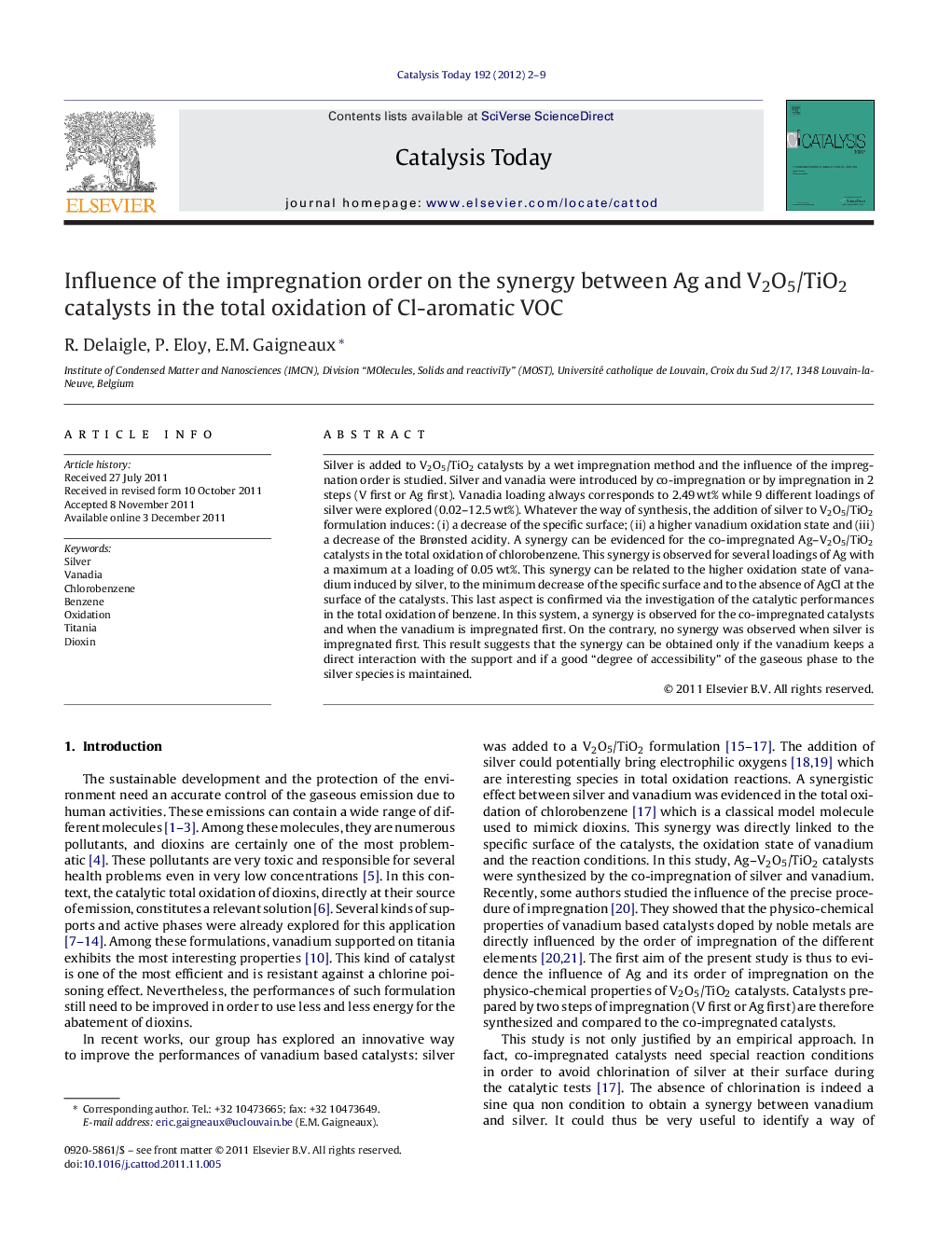 Influence of the impregnation order on the synergy between Ag and V2O5/TiO2 catalysts in the total oxidation of Cl-aromatic VOC