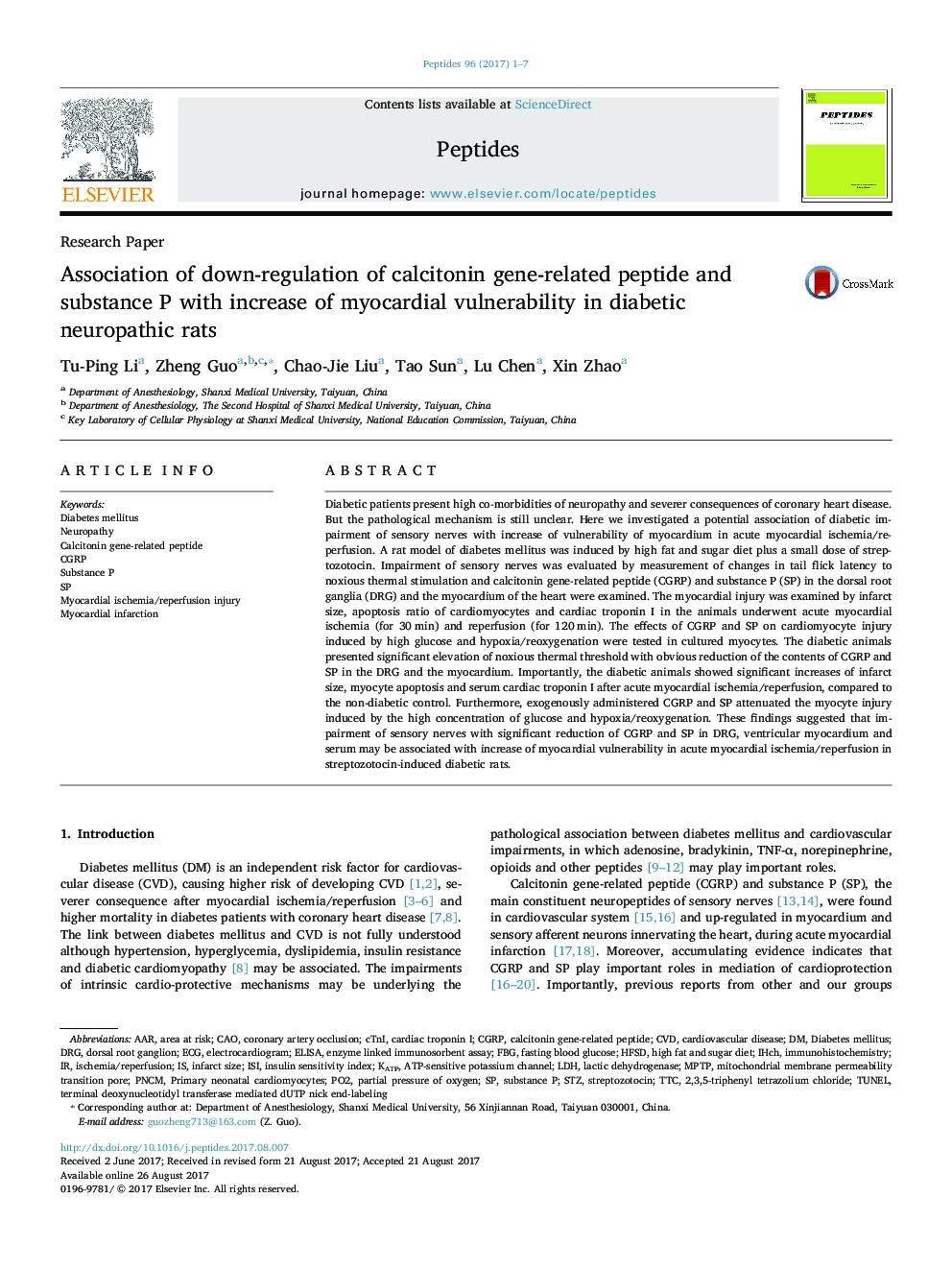 Research PaperAssociation of down-regulation of calcitonin gene-related peptide and substance P with increase of myocardial vulnerability in diabetic neuropathic rats