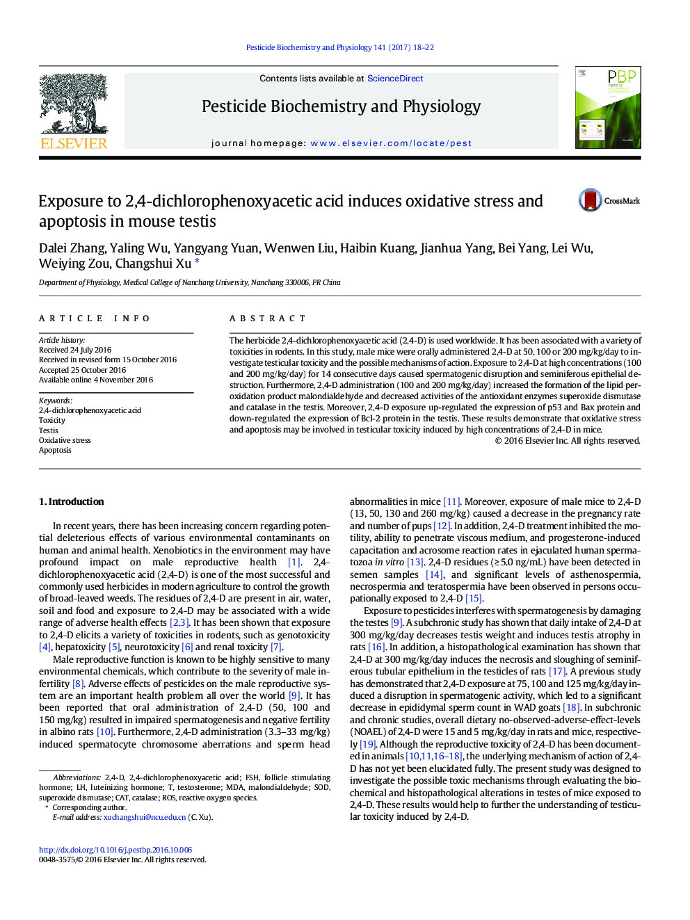 Exposure to 2,4-dichlorophenoxyacetic acid induces oxidative stress and apoptosis in mouse testis