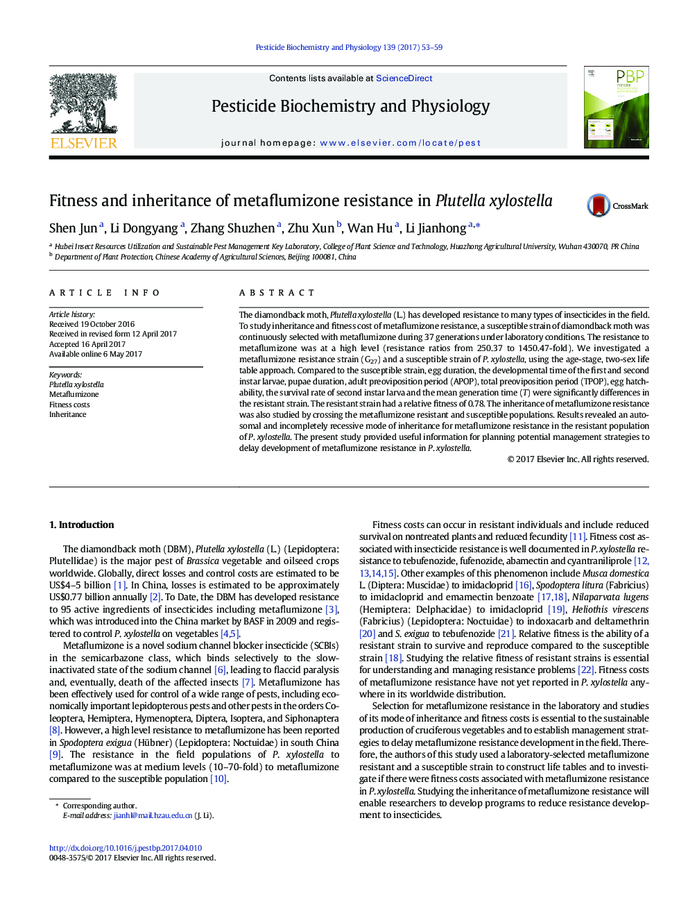 Fitness and inheritance of metaflumizone resistance in Plutella xylostella