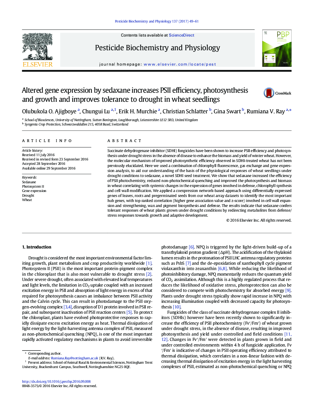 Altered gene expression by sedaxane increases PSII efficiency, photosynthesis and growth and improves tolerance to drought in wheat seedlings