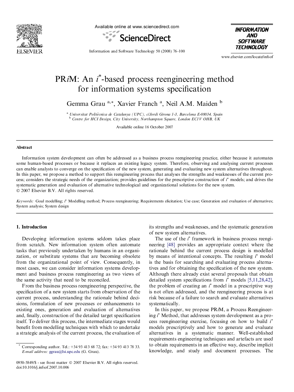 PRiM: An i∗-based process reengineering method for information systems specification