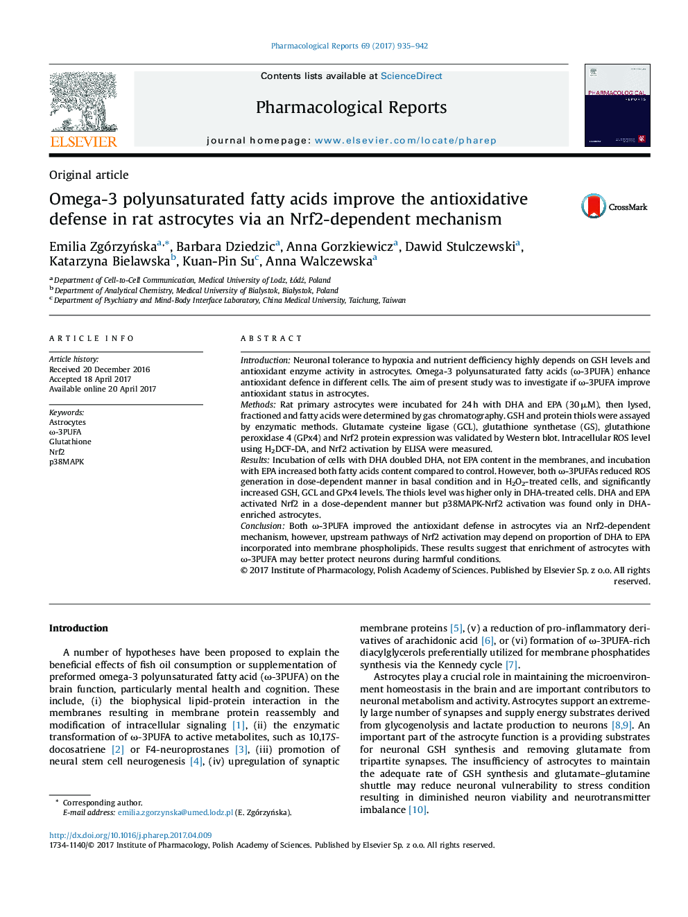 Original articleOmega-3 polyunsaturated fatty acids improve the antioxidative defense in rat astrocytes via an Nrf2-dependent mechanism