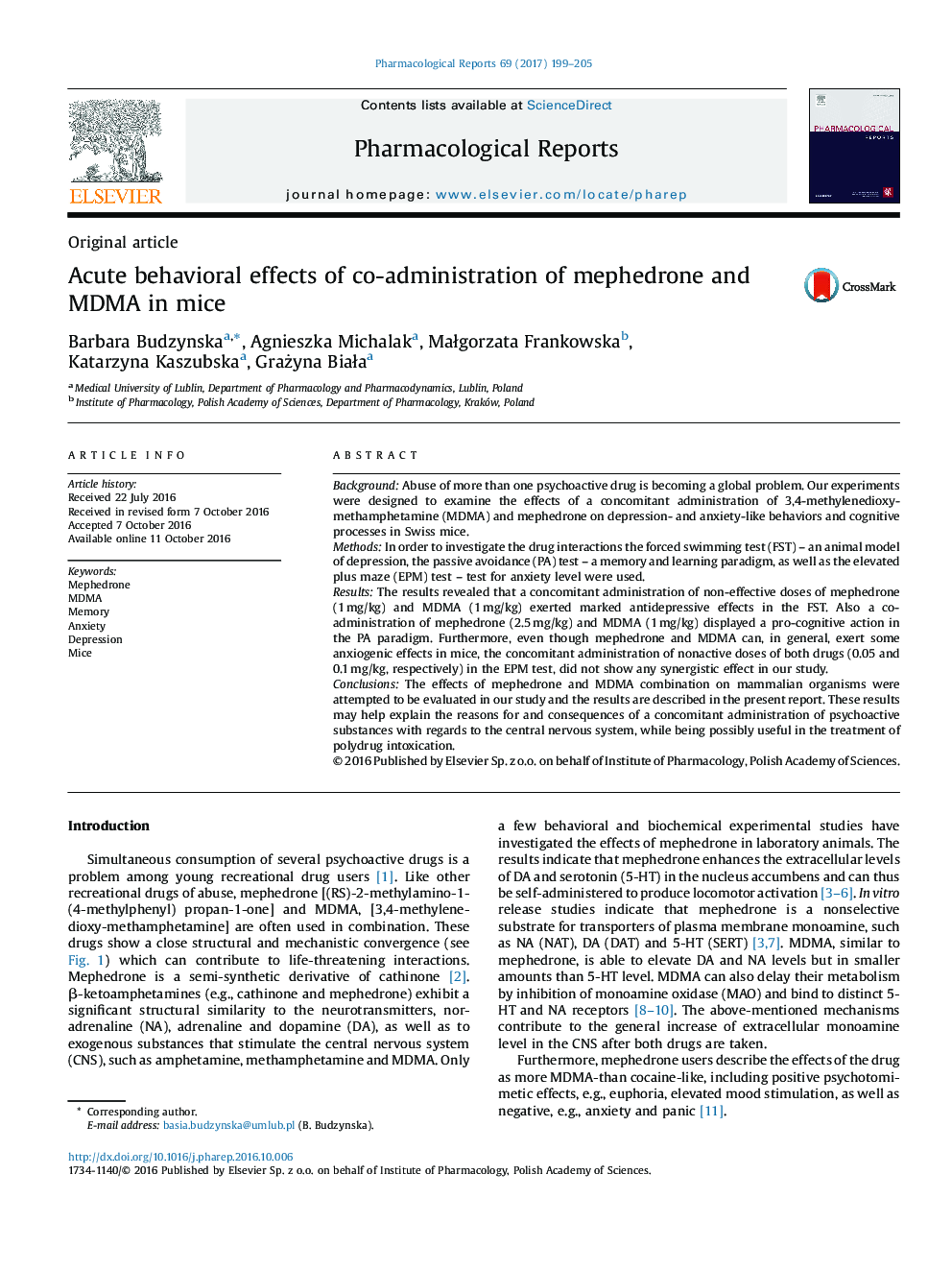 Original articleAcute behavioral effects of co-administration of mephedrone and MDMA in mice