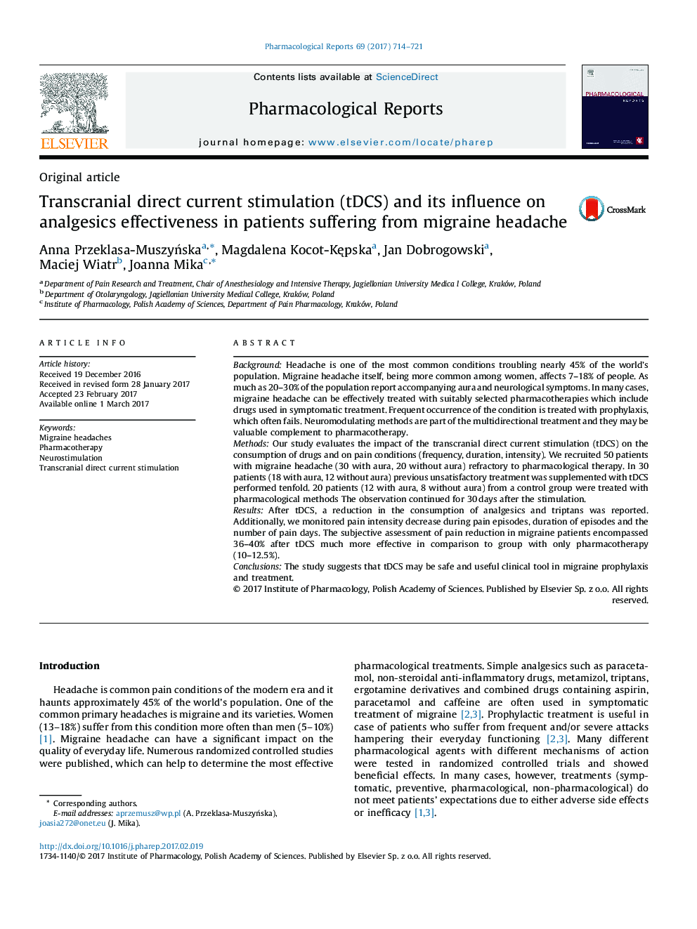 Original articleTranscranial direct current stimulation (tDCS) and its influence on analgesics effectiveness in patients suffering from migraine headache