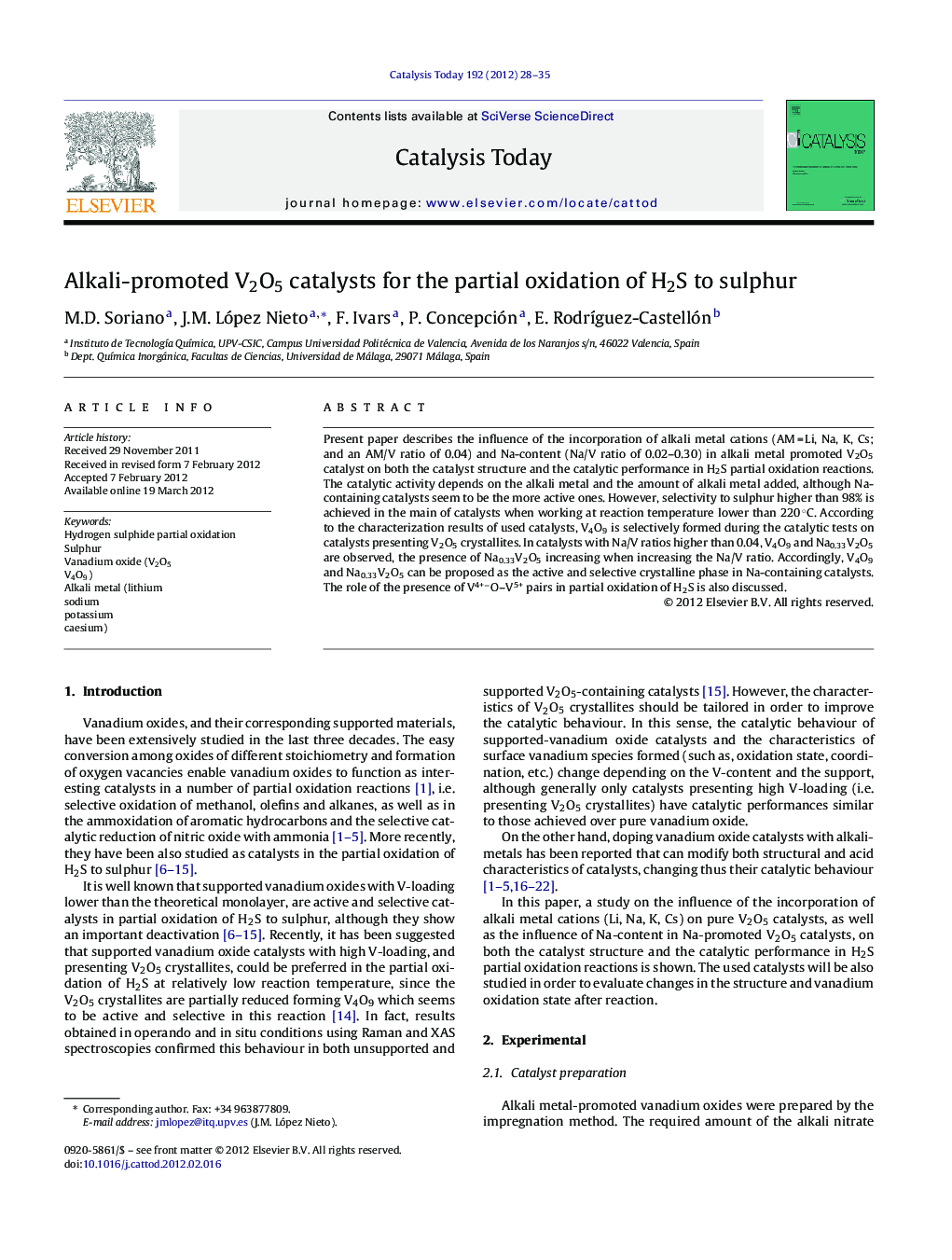 Alkali-promoted V2O5 catalysts for the partial oxidation of H2S to sulphur