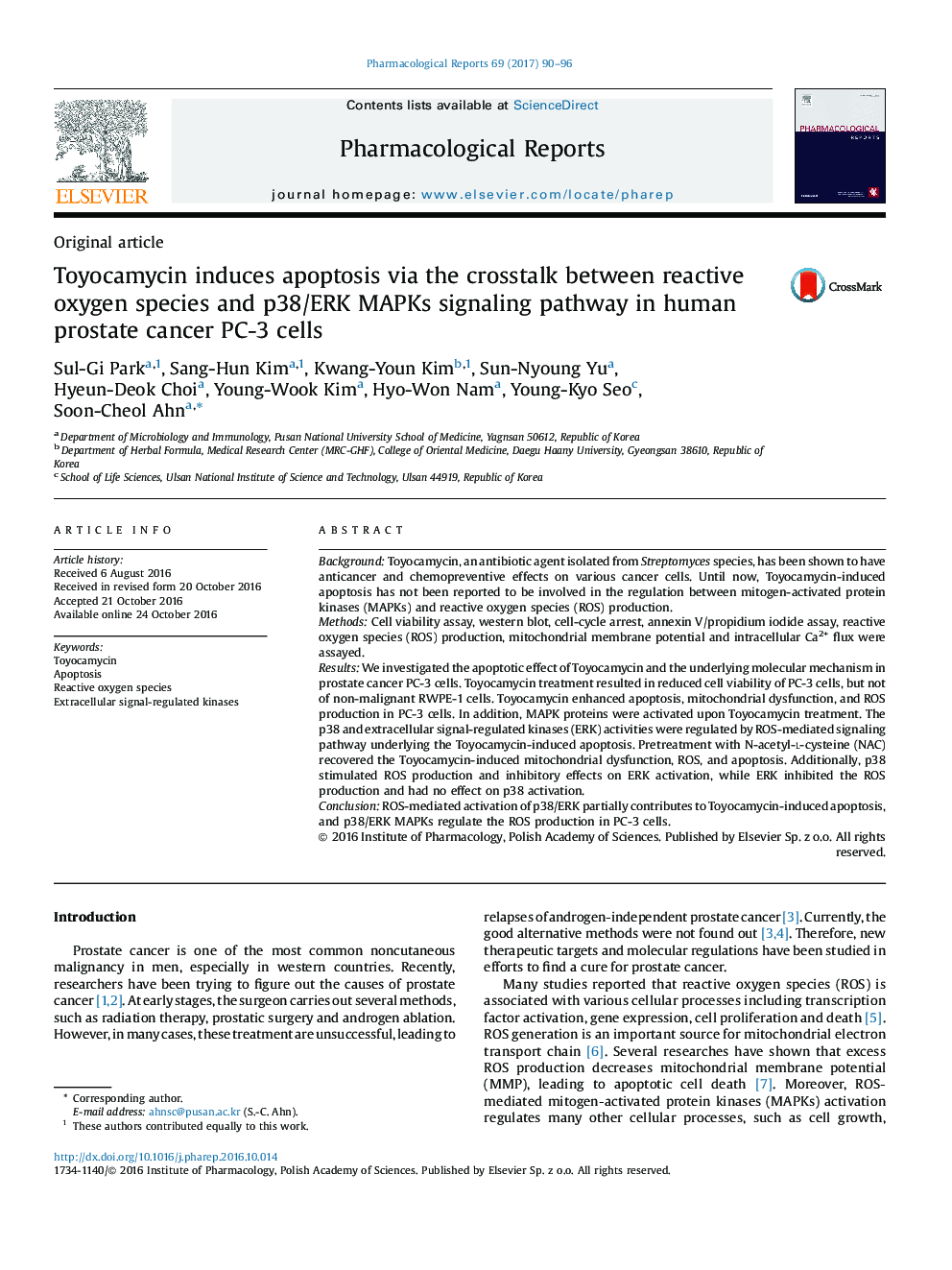 Original articleToyocamycin induces apoptosis via the crosstalk between reactive oxygen species and p38/ERK MAPKs signaling pathway in human prostate cancer PC-3 cells