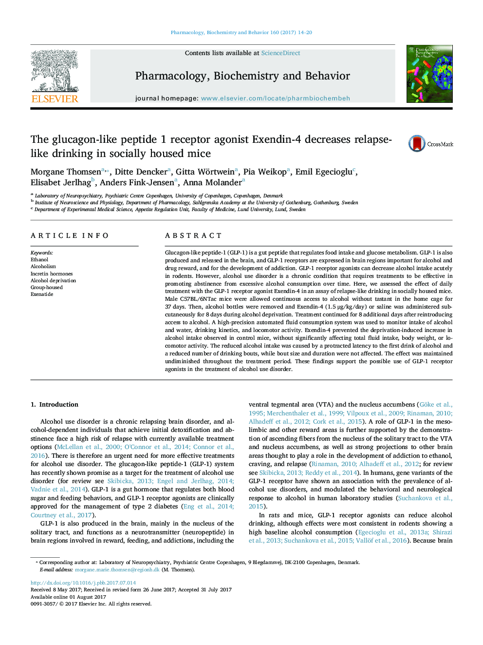 The glucagon-like peptide 1 receptor agonist Exendin-4 decreases relapse-like drinking in socially housed mice