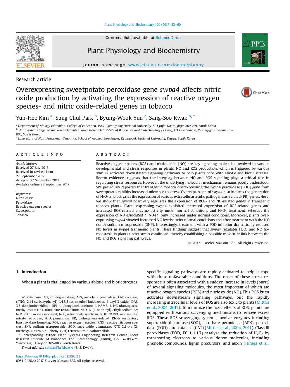 Research articleOverexpressing sweetpotato peroxidase gene swpa4 affects nitric oxide production by activating the expression of reactive oxygen species- and nitric oxide-related genes in tobacco