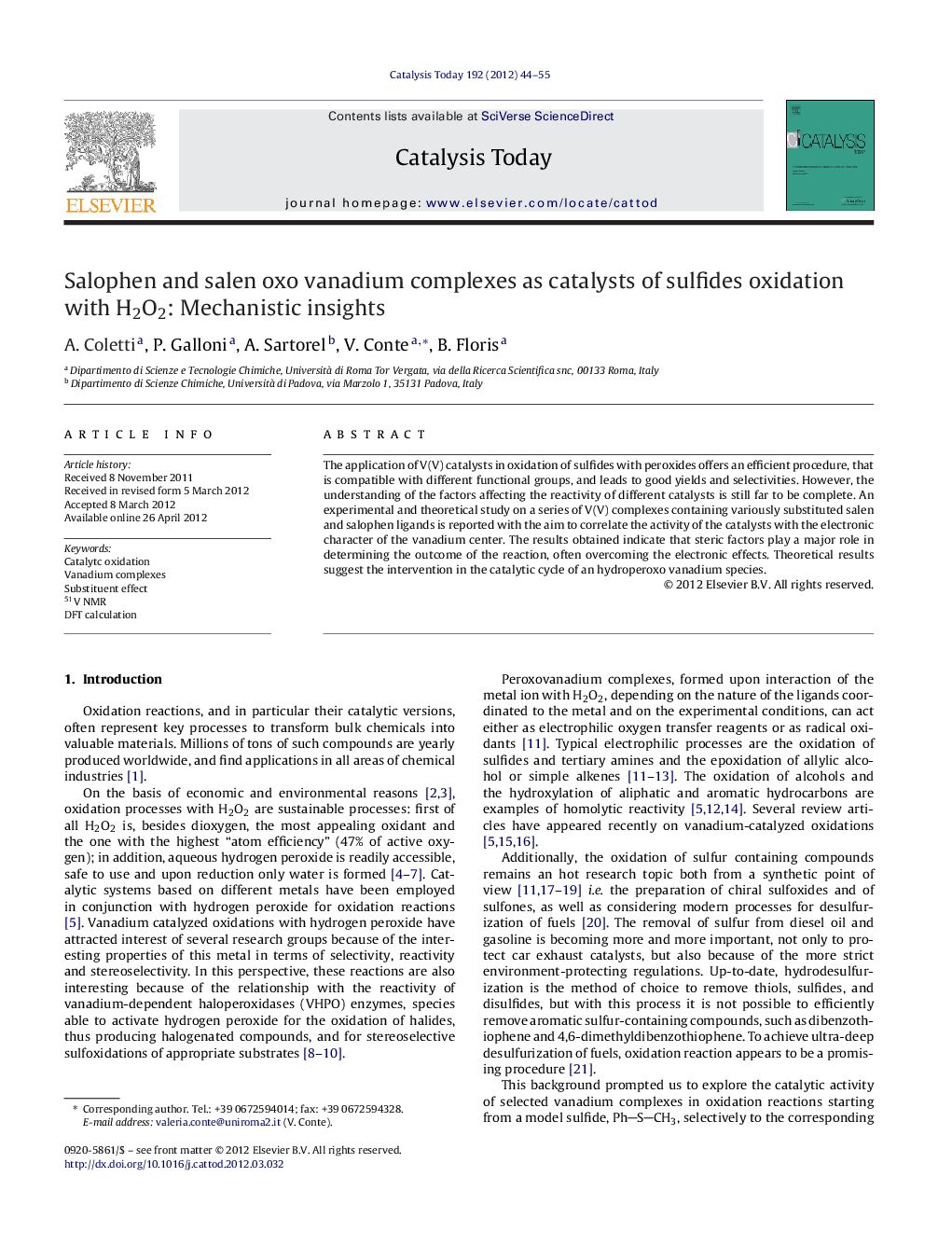 Salophen and salen oxo vanadium complexes as catalysts of sulfides oxidation with H2O2: Mechanistic insights