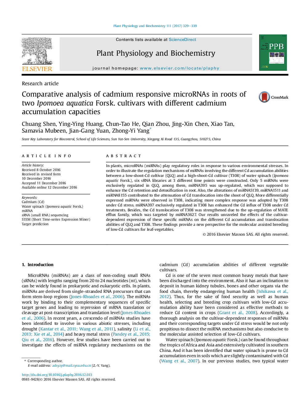 Research articleComparative analysis of cadmium responsive microRNAs in roots of two Ipomoea aquatica Forsk. cultivars with different cadmium accumulation capacities