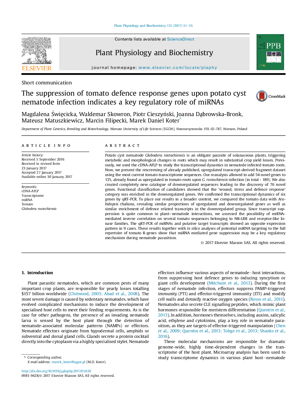 Short communicationThe suppression of tomato defence response genes upon potato cyst nematode infection indicates a key regulatory role of miRNAs