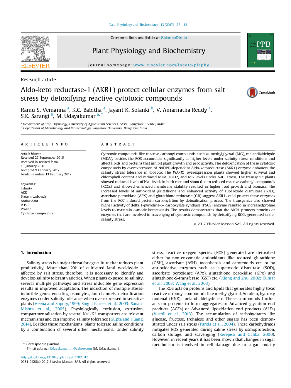 Research articleAldo-keto reductase-1 (AKR1) protect cellular enzymes from salt stress by detoxifying reactive cytotoxic compounds