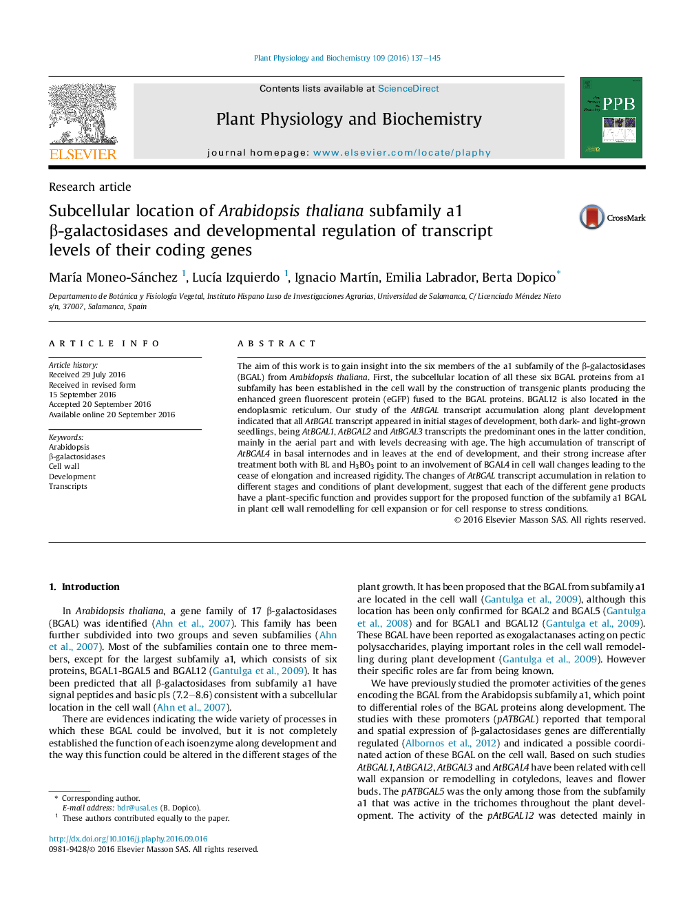 Subcellular location of Arabidopsis thaliana subfamily a1 Î²-galactosidases and developmental regulation of transcript levelsÂ ofÂ their coding genes