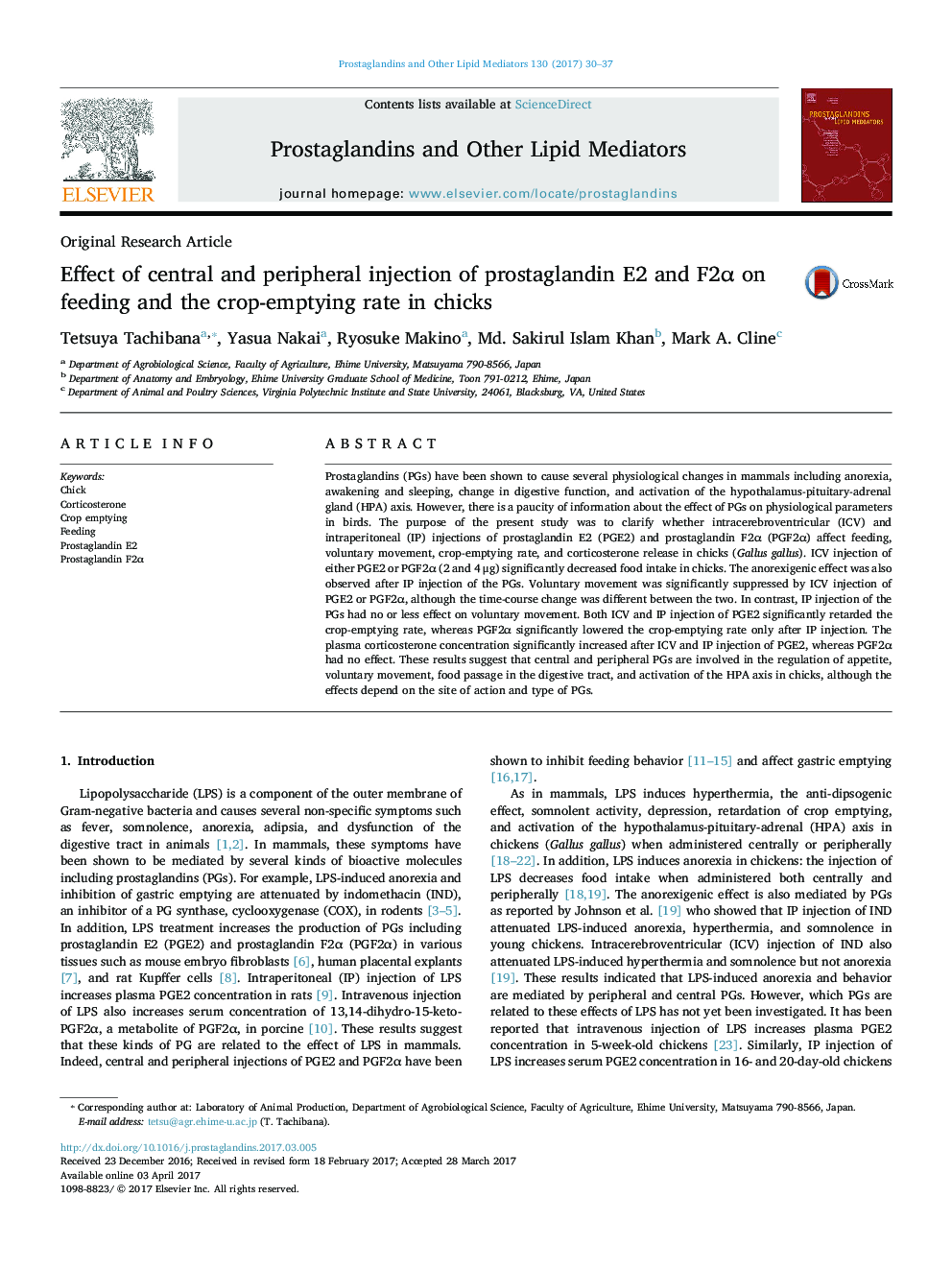 Original Research ArticleEffect of central and peripheral injection of prostaglandin E2 and F2Î± on feeding and the crop-emptying rate in chicks