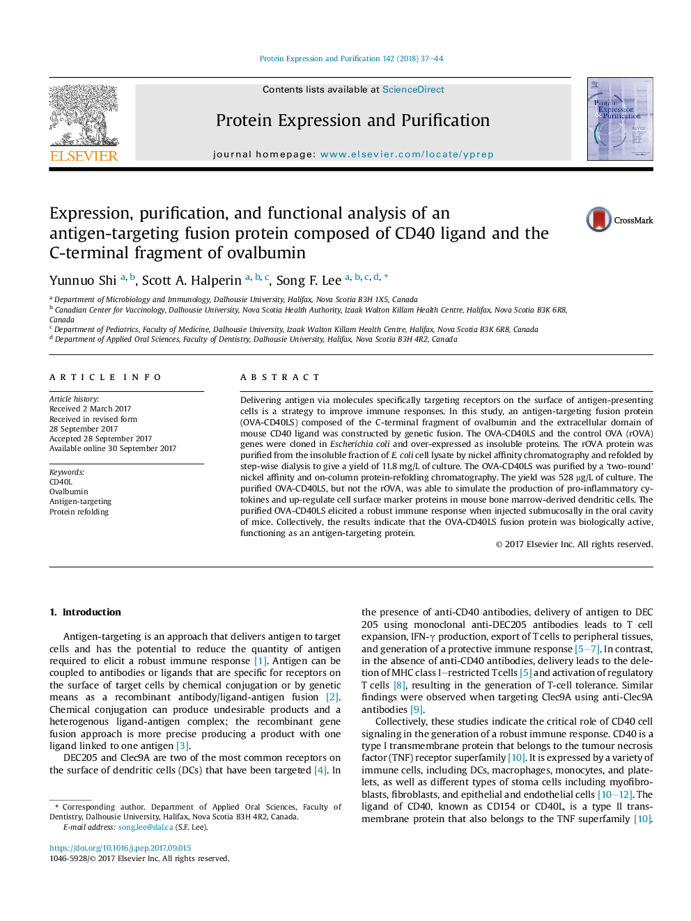 Expression, purification, and functional analysis of an antigen-targeting fusion protein composed of CD40 ligand and the C-terminal fragment of ovalbumin