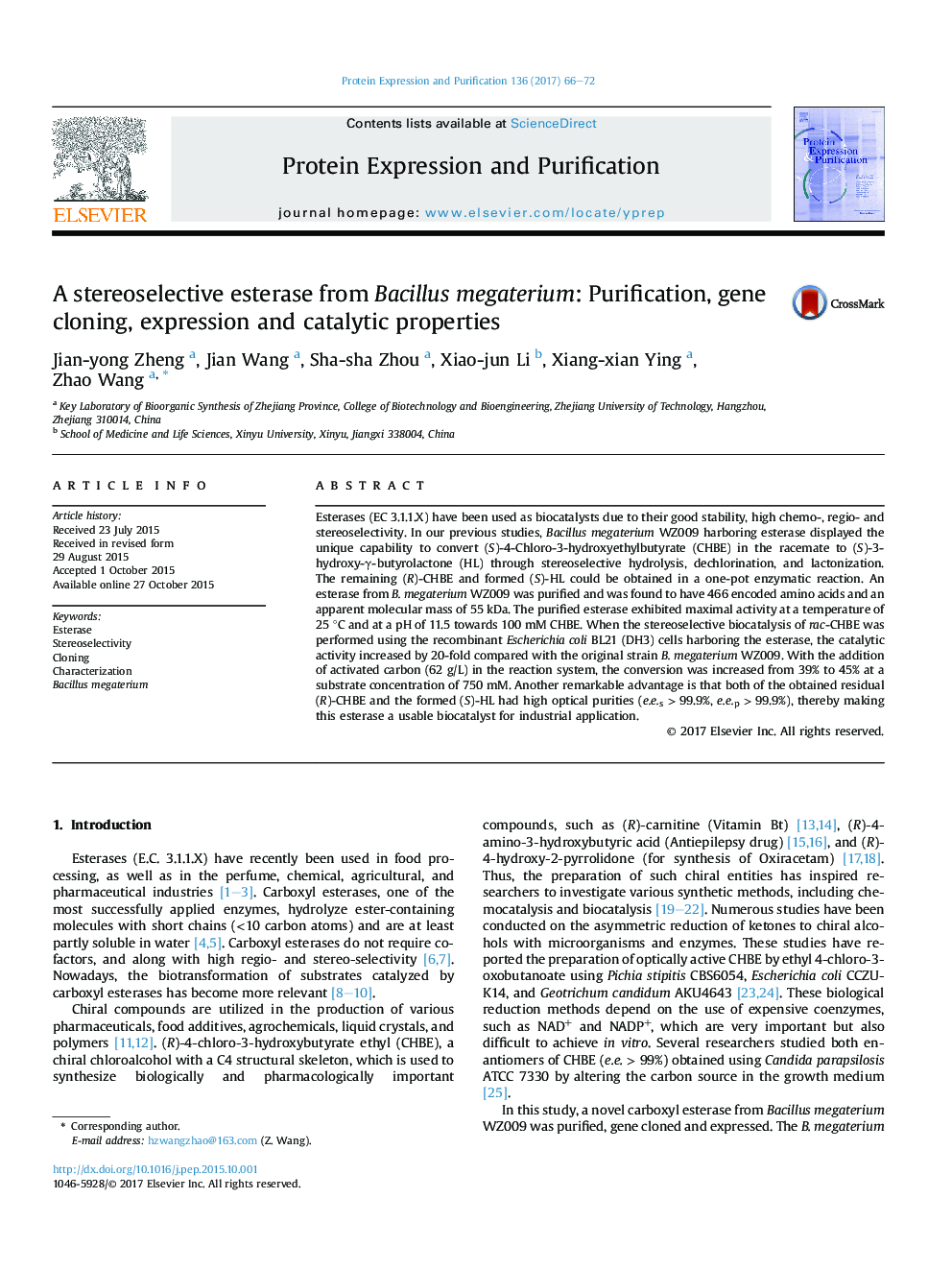 A stereoselective esterase from Bacillus megaterium: Purification, gene cloning, expression and catalytic properties