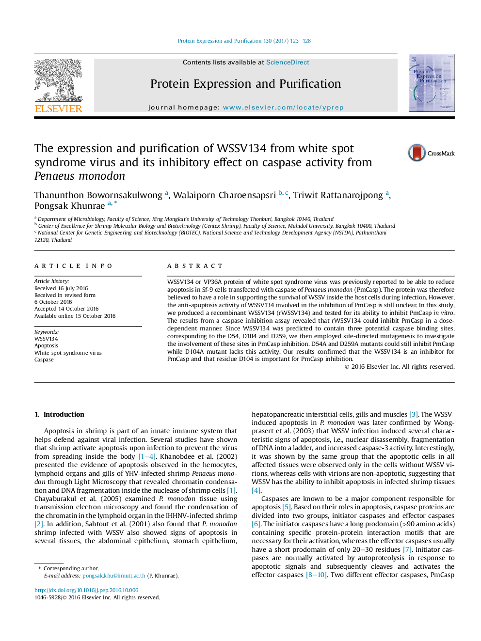 The expression and purification of WSSV134 from white spot syndrome virus and its inhibitory effect on caspase activity from Penaeus monodon