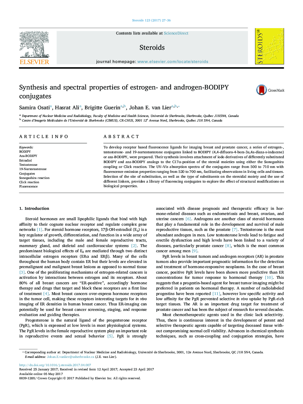 Synthesis and spectral properties of estrogen- and androgen-BODIPY conjugates
